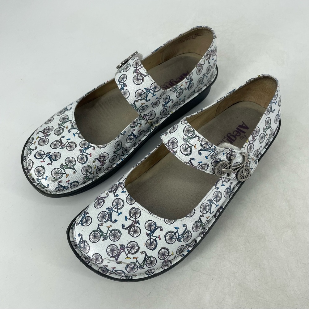 Alegria Paloma Mary Jane Leather Shoes White Bicycle Print Comfort 42